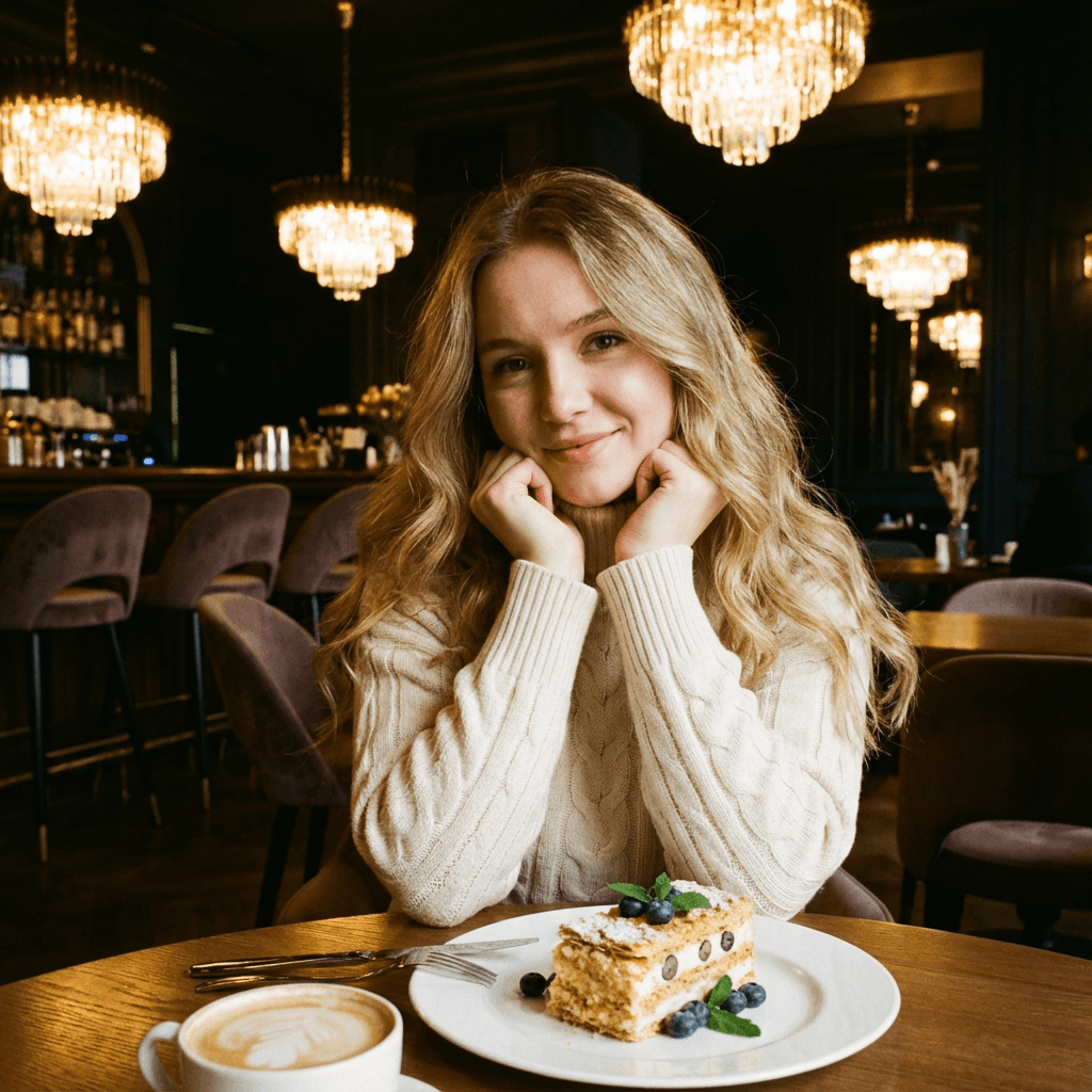 Уличная фотосессия нейросетью — кафе: lifestyle ИИ-портрет по своему селфи (на городской улице)