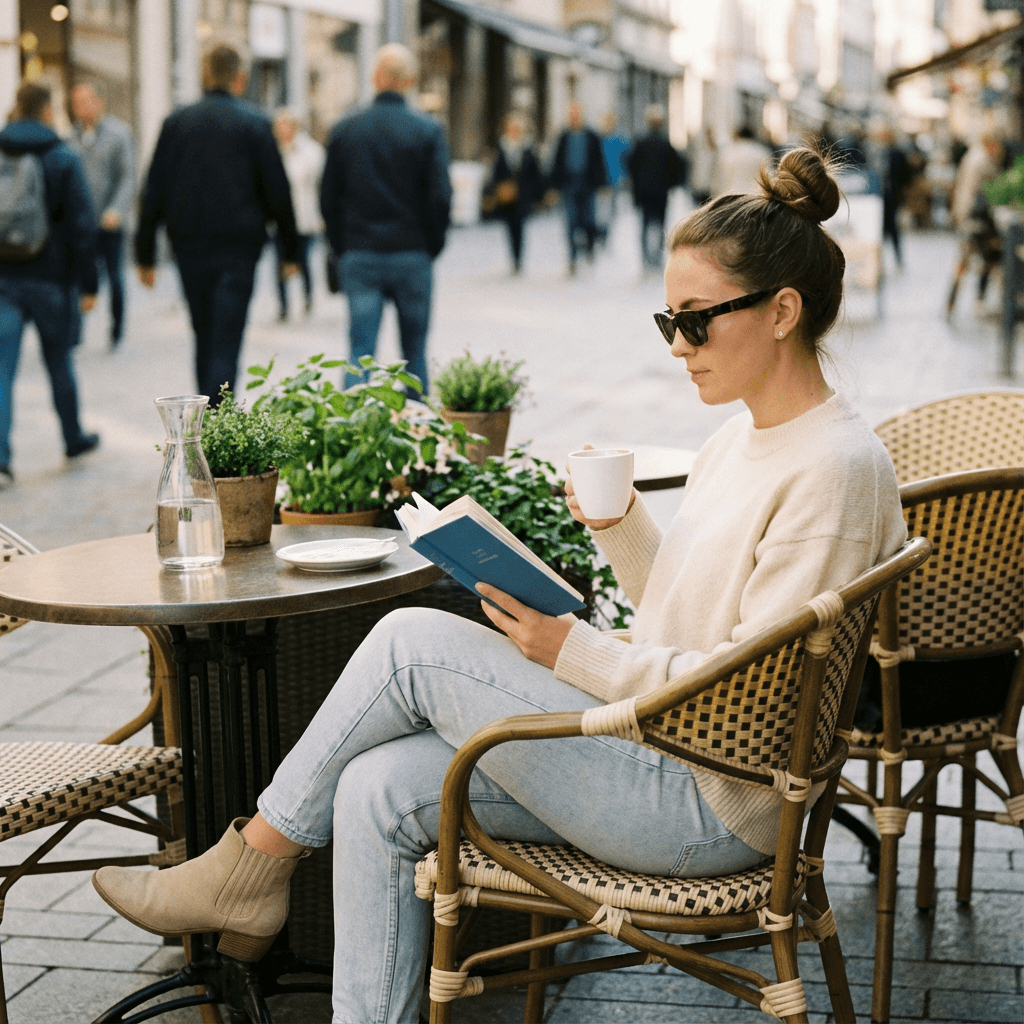 Уличная фотосессия нейросетью — кафе: lifestyle ИИ-портрет по своему селфи (со светом золотого часа)