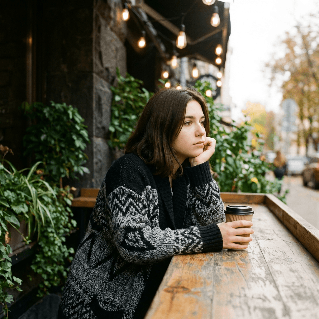 Уличная фотосессия нейросетью — кафе: lifestyle ИИ-портрет по своему селфи (крупный план)