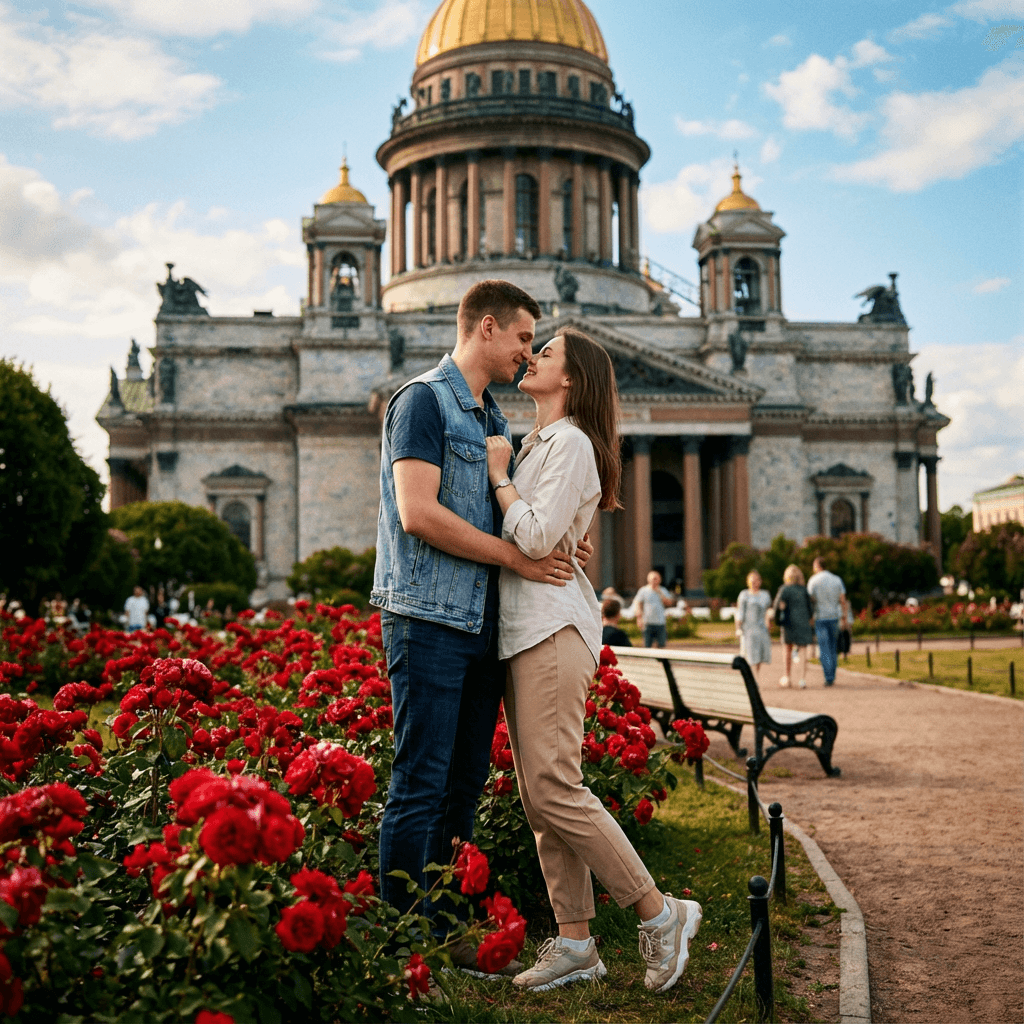Парная фотосессия нейросетью — пара на улице: совместное фото пары по двум селфи (крупный план)