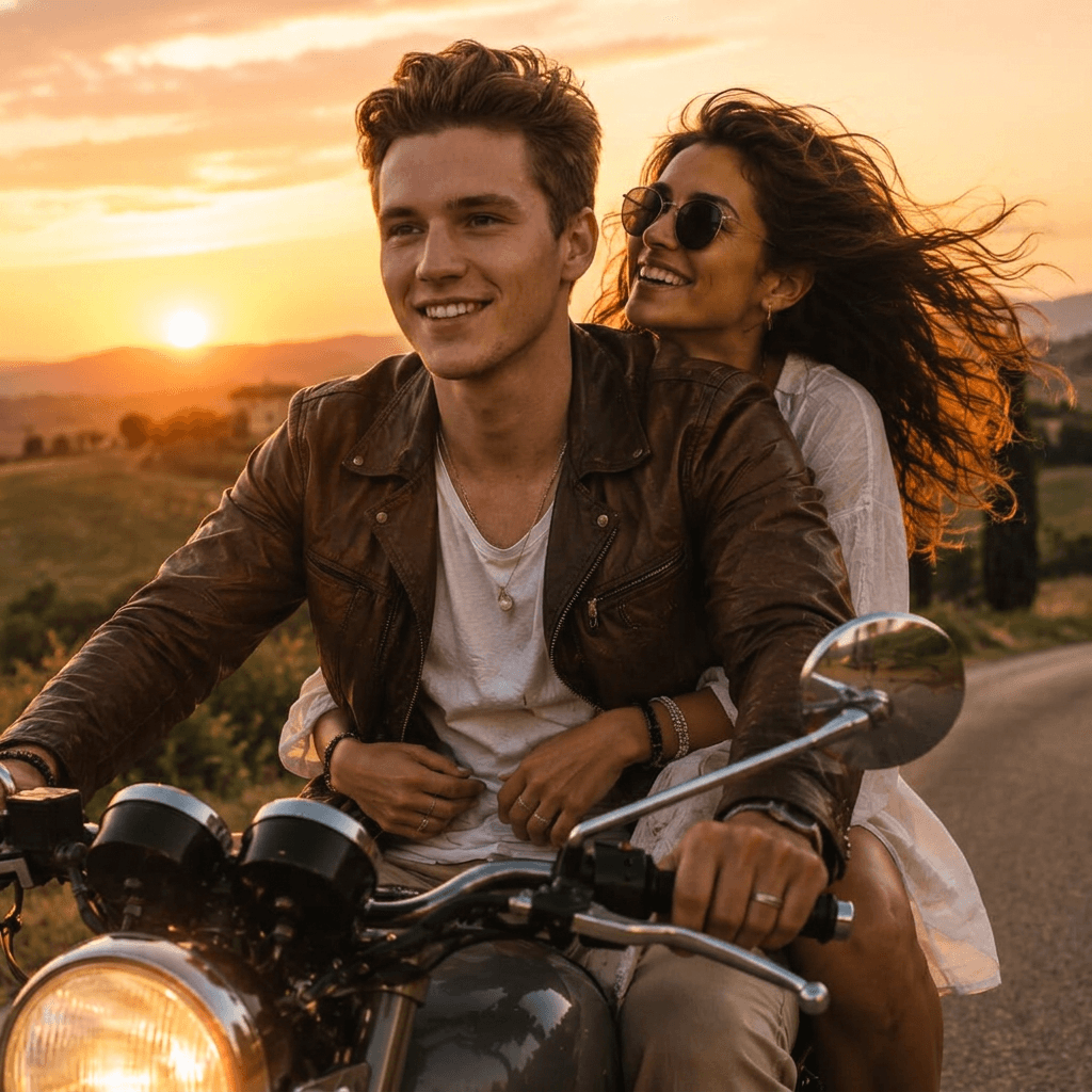 Love-story фотосессия нейросетью — love-story: романтичный кадр пары по двум селфи (со светом золотого часа)